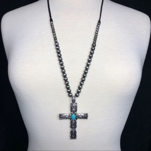Grey Navajo Pearl Cross Long Necklace Earrings Set